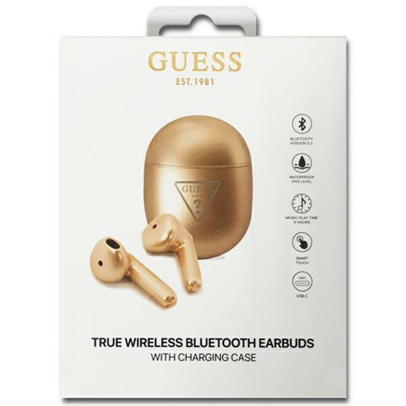 Guess GUTWST82TRD Ασύρματα TWS Ακουστικά In-Ear με Σταθμό Φόρτισης, Triangle Logo, Bluetooth 5.0, χρυσά