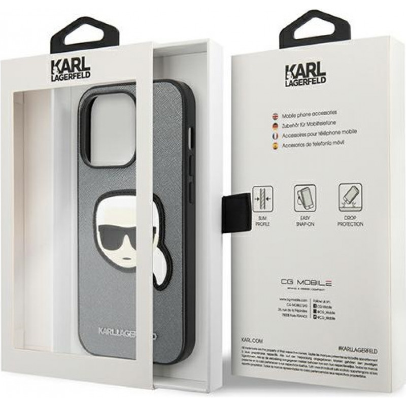 Karl Lagerfeld KLHCP14LSAPKHG Θήκη για Apple iPhone 14 Pro, Saffiano Karl's Head Patch, ασημί