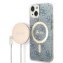 Guess GUBPP14MH4EACSB Θήκη + Ασύρματος Φορτιστής Apple iPhone 14 Plus / iPhone 15 Plus Μπλε Σκληρή Θήκη, 4G Print, MagSafe