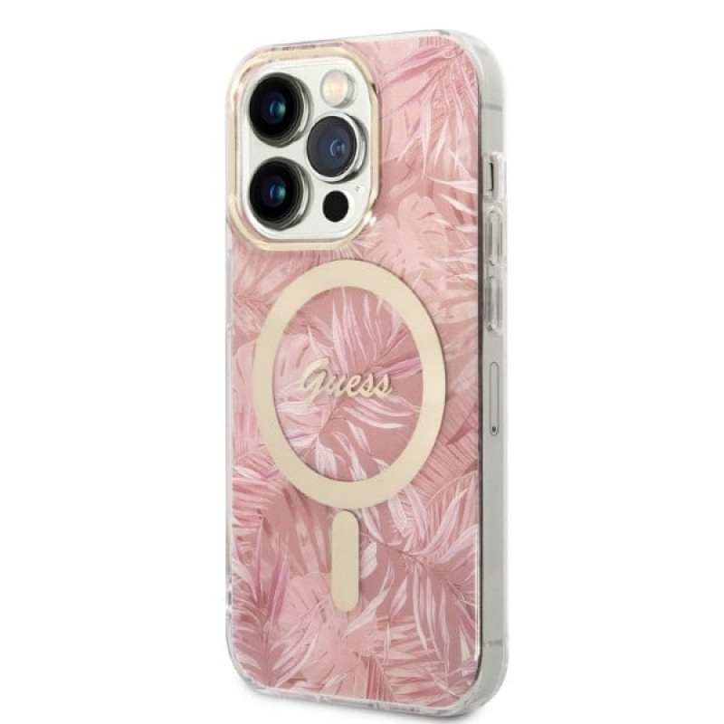 Guess GUBPP14LHJEACSP Θήκη + Ασύρματος Φορτιστής για Apple iPhone 14 Pro, Jungle, ροζ σκληρή θήκη, MagSafe