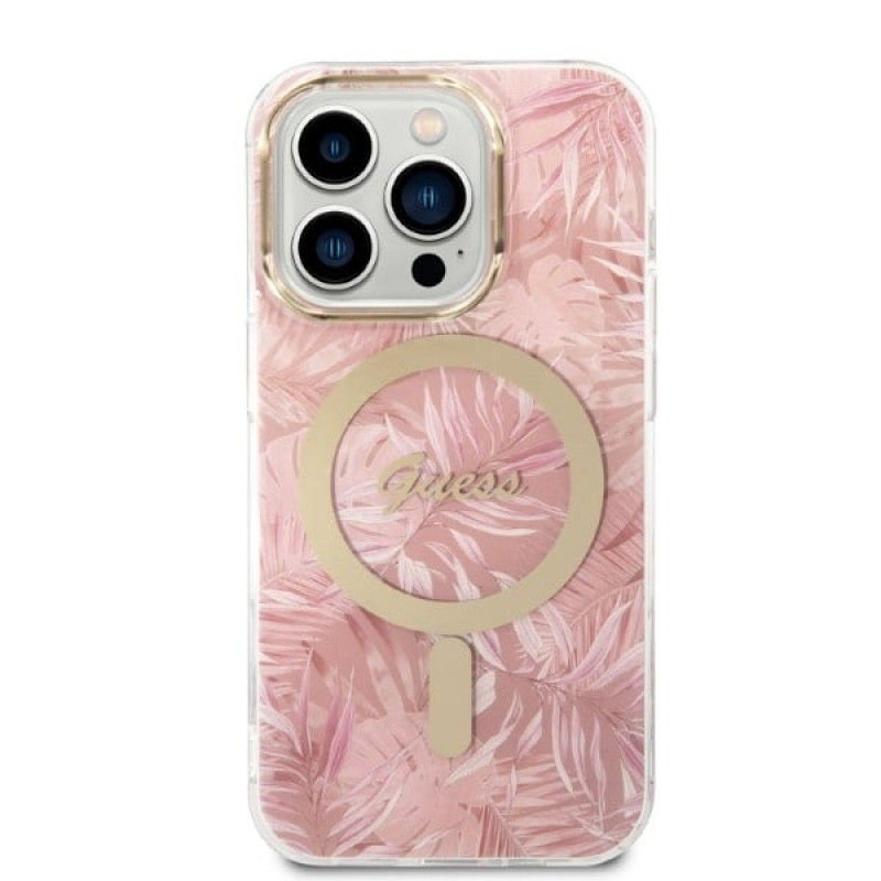 Guess GUBPP14LHJEACSP Θήκη + Ασύρματος Φορτιστής για Apple iPhone 14 Pro, Jungle, ροζ σκληρή θήκη, MagSafe
