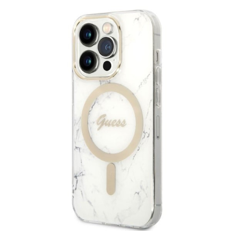 Θήκη Guess GUBPP14LHMEACSH + Ασύρματος Φορτιστής Apple iPhone 14 Pro Λευκή Σκληρή Θήκη, Marble, MagSafe