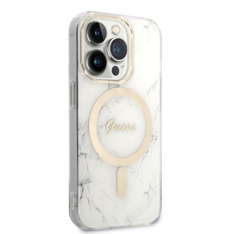 Θήκη Guess GUBPP14LHMEACSH + Ασύρματος Φορτιστής Apple iPhone 14 Pro Λευκή Σκληρή Θήκη, Marble, MagSafe