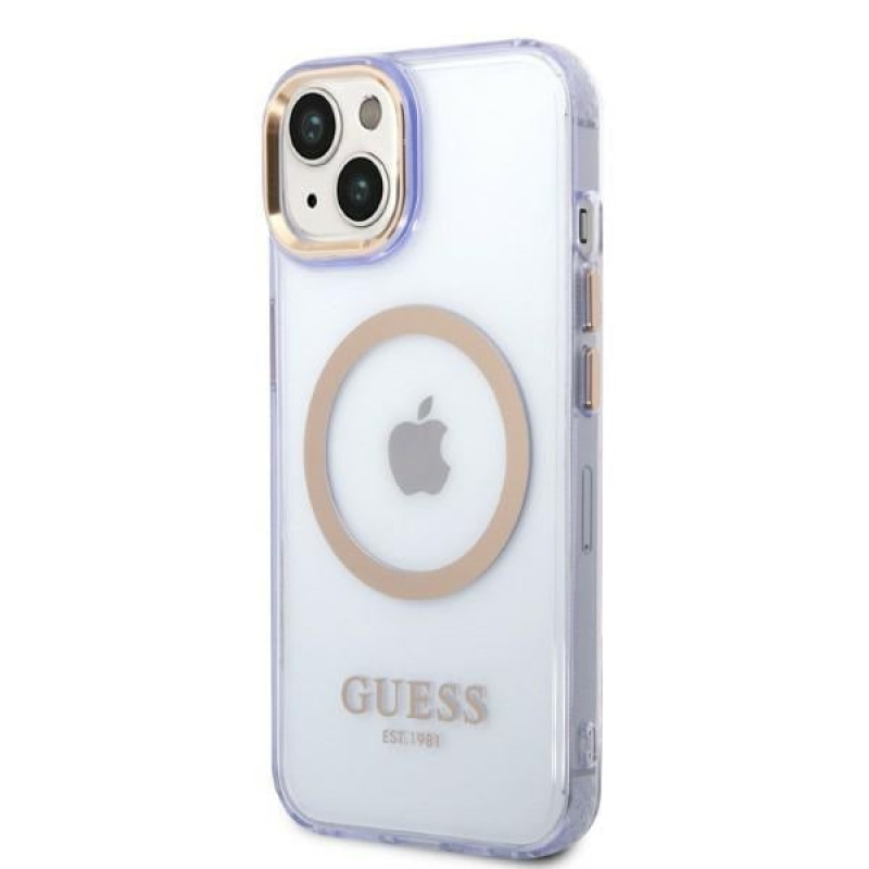 Guess GUHMP14SHTCMU Apple iPhone 14 μωβ σκληρή θήκη, Gold Outline Translucent, MagSafe