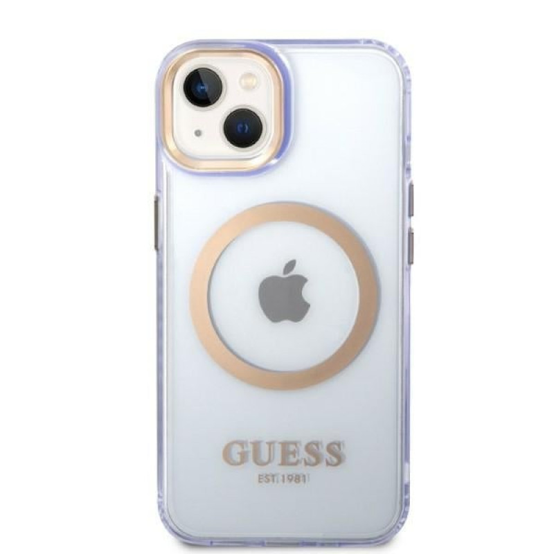 Guess GUHMP14SHTCMU Apple iPhone 14 μωβ σκληρή θήκη, Gold Outline Translucent, MagSafe