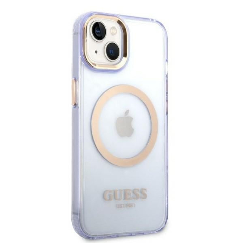 Guess GUHMP14SHTCMU Apple iPhone 14 μωβ σκληρή θήκη, Gold Outline Translucent, MagSafe