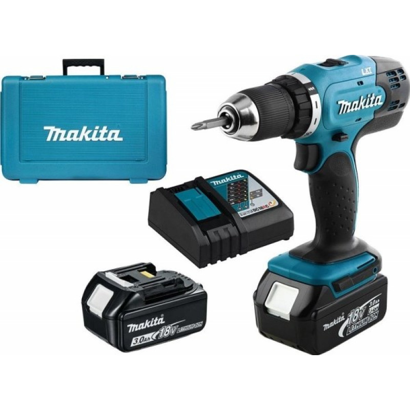 Makita DDF453RFE Δραπανοκατσάβιδο μπαταρίας με 2 μπαταρίες και τσοκ χωρίς κλειδί, μαύρο/μπλε