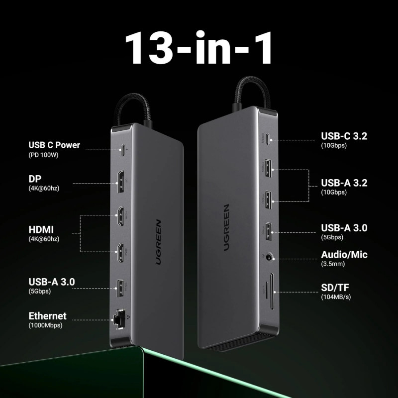 Σταθμός σύνδεσης φορητού υπολογιστή Ugreen Revodok Pro 313 USB-C (15978), UGR1851, 100 W, γκρι