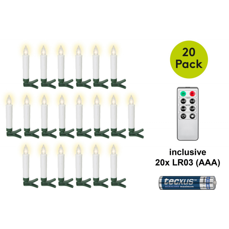 Goobay 75258 Ασύρματα LED Χριστουγεννιάτικα Κεριά Δέντρου (20 τεμ.), με 20x AAA (LR03), κλιπ, τηλεχειριστήριο, χρονοδιακόπτη, ρυθμιζόμενη φωτεινότητα, θερμό λευκό (2600 K)