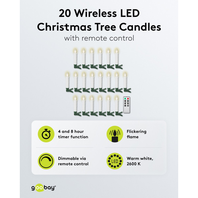 Goobay 75258 Ασύρματα LED Χριστουγεννιάτικα Κεριά Δέντρου (20 τεμ.), με 20x AAA (LR03), κλιπ, τηλεχειριστήριο, χρονοδιακόπτη, ρυθμιζόμενη φωτεινότητα, θερμό λευκό (2600 K)