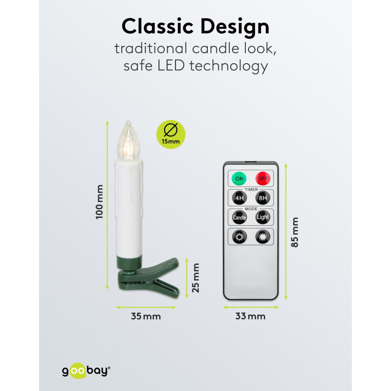Goobay 75258 Ασύρματα LED Χριστουγεννιάτικα Κεριά Δέντρου (20 τεμ.), με 20x AAA (LR03), κλιπ, τηλεχειριστήριο, χρονοδιακόπτη, ρυθμιζόμενη φωτεινότητα, θερμό λευκό (2600 K)