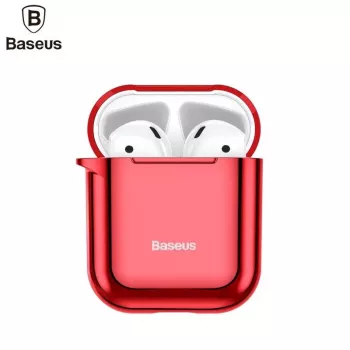 Baseus Metallic Shining Ultra-λεπτή Θήκη Σιλικόνης με Γάντζο για AirPods 1 / 2 Κόκκινη