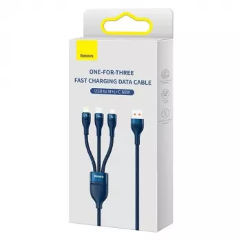 Baseus Universal Cable Flash Series II Καλώδιο Φόρτισης και Δεδομένων 3 σε 1 (USB-A σε Micro + Lightning + Type-C) 66W, 480mbps, 1,2m, Μπλε (CASS040003)