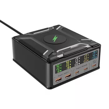 BlitzWolf BW-S28 260W GaN Σταθμός φόρτισης USB-C, 2xUSB-A, 3xUSB-C, Ασύρματος φορτιστής 15W, Μαύρο