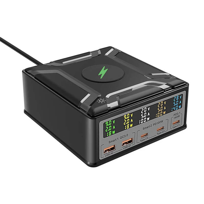 BlitzWolf BW-S28 260W GaN Σταθμός φόρτισης USB-C, 2xUSB-A, 3xUSB-C, Ασύρματος φορτιστής 15W, Μαύρο