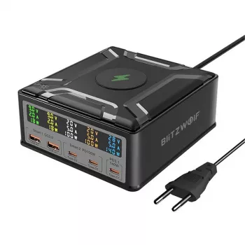 BlitzWolf BW-S28 260W GaN Σταθμός φόρτισης USB-C, 2xUSB-A, 3xUSB-C, Ασύρματος φορτιστής 15W, Μαύρο