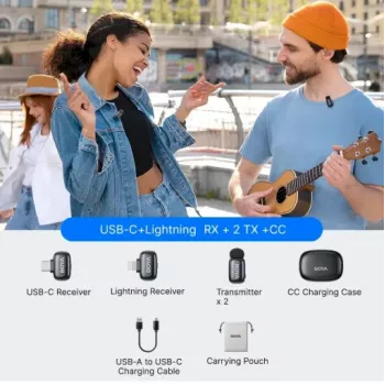 BOYA Mini 2-01 Ασύρματο Σύστημα Μικροφώνου 2,4 GHz με 2 Πομπούς και 2 Δέκτες (USB-C και Lightning) Μαύρο