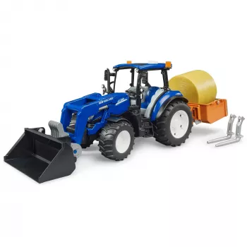 BRUDER New Holland T5.120 Τρακτέρ με μπροστινό φορτωτή, καρότσι φόρτωσης και πιρούνια 1:16