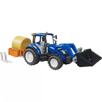BRUDER New Holland T5.120 Τρακτέρ με μπροστινό φορτωτή, καρότσι φόρτωσης και πιρούνια 1:16