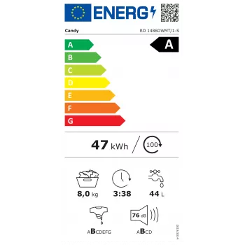 Candy RO 1486DWMT/1-S πλυντήριο ρούχων, A, μπροστινής φόρτωσης, χωρητικότητα 8 kg, βάθος 54 cm, 1400 U/min, λευκό