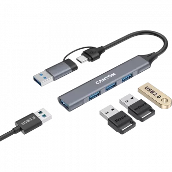 CANYON DS-02 4-in-1 USB-A/C Hub, Γκρι