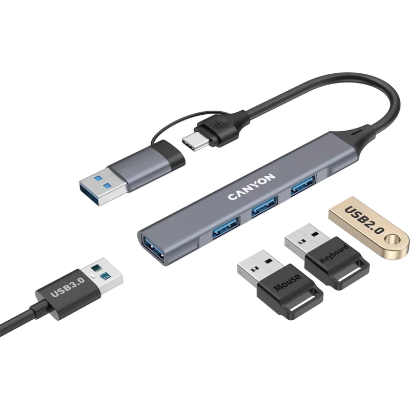 CANYON DS-02 4-in-1 USB-A/C Hub, Γκρι