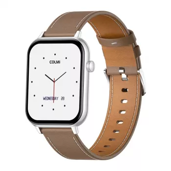 COLMI C28 Smartwatch – Ασημί + καφέ δερμάτινο λουράκι