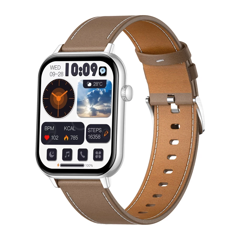 COLMI C28 Smartwatch – Ασημί + καφέ δερμάτινο λουράκι