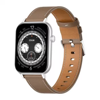 COLMI C28 Smartwatch – Ασημί + καφέ δερμάτινο λουράκι