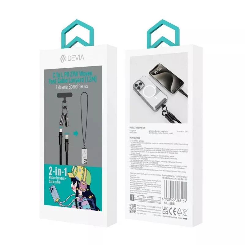 Devia 2-in-1 Καλώδιο USB-C σε Lightning Lanyard 1,2m 27W Μαύρο