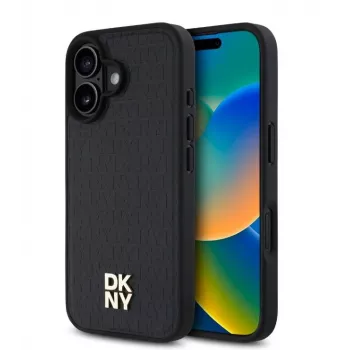 DKNY Apple iPhone 16 Plus Θήκη PU δέρματος με Repeat Pattern Stack Logo, MagSafe, Μαύρο