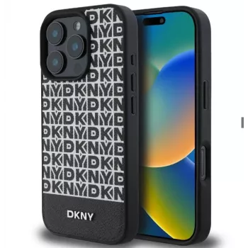 DKNY Θήκη PU δέρματος για Apple iPhone 16 Pro Max με επαναλαμβανόμενο μοτίβο και κάτω λωρίδα, MagSafe, μαύρο