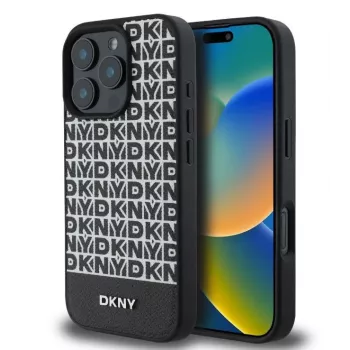 DKNY Θήκη PU δέρματος για Apple iPhone 16 Pro με επαναλαμβανόμενο μοτίβο και κάτω λωρίδα, MagSafe, μαύρο