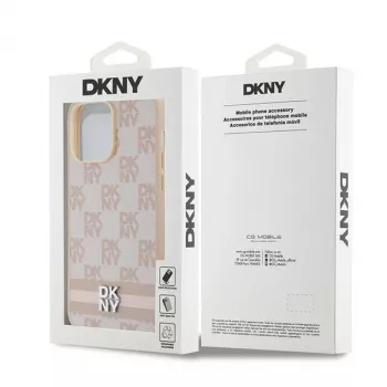 DKNY Δερμάτινη θήκη με καρό μοτίβο Mono και τυπωμένες ρίγες για iPhone 14 Pro Max - Ροζ