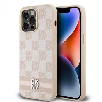 DKNY Δερμάτινη θήκη με καρό μοτίβο Mono και τυπωμένες ρίγες για iPhone 14 Pro Max - Ροζ
