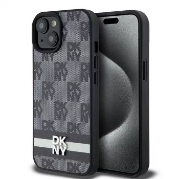 DKNY Δερμάτινη θήκη με καρό μοτίβο Monogram και τυπωμένες ρίγες για iPhone 15/14/13 - Μαύρο
