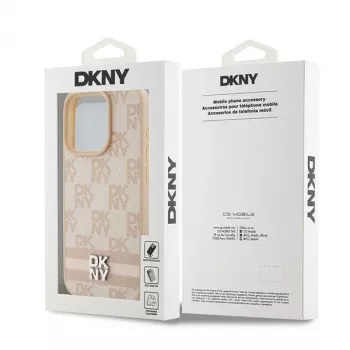 DKNY Δερμάτινη θήκη με καρό μοτίβο Mono και τυπωμένες ρίγες για iPhone 15 Pro Max - Ροζ