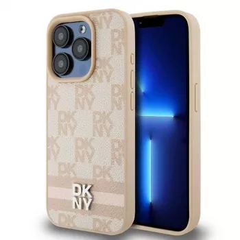DKNY Δερμάτινη θήκη με καρό μοτίβο Mono και τυπωμένες ρίγες για iPhone 15 Pro - Ροζ