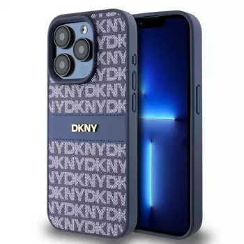 DKNY Θήκη Δέρματος Mono Stripe & Μεταλλικό Λογότυπο για iPhone 15 Pro - Μπλε
