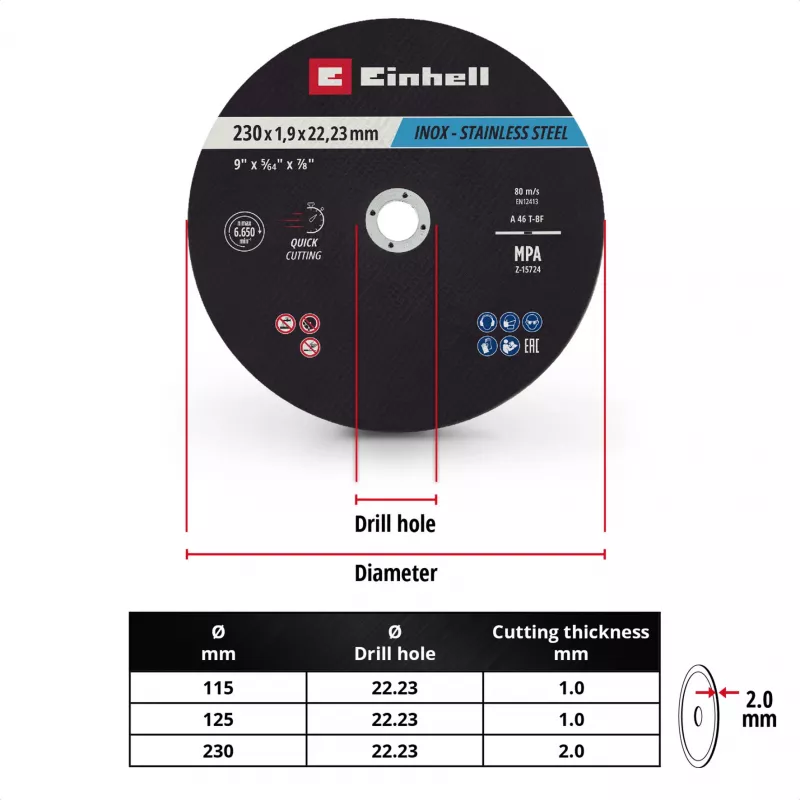 Einhell 230 x 2,0 mm λεπτοί δίσκοι κοπής για γωνιακό τροχό, συσκευασία 10 τεμ. 711524