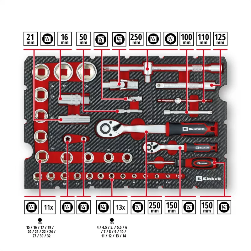 Einhell E-Case Σετ εργαλείων μηχανικού 201 τεμαχίων (Χάλυβας χρωμίου-βαναδίου, στοιβαζόμενο) (370513)