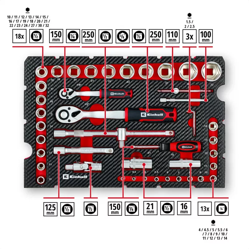 Einhell E-Case Σετ Εργαλείων 92 τεμ. (370514) - Χάλυβας Χρωμίου-Βαναδίου, Μαύρο/Κόκκινο