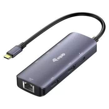 EQUIP USB-C Πολυθύρα προσαρμογέας με 2x HDMI, RJ45, 2x USB-A, USB-C PD 100W, Γκρι