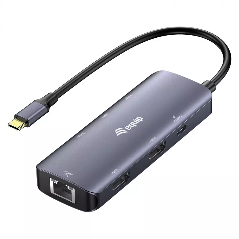 EQUIP USB-C Πολυθύρα προσαρμογέας με 2x HDMI, RJ45, 2x USB-A, USB-C PD 100W, Γκρι
