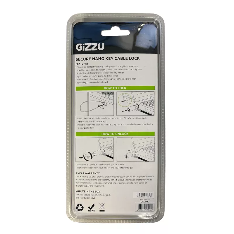 GIZZU 1,8 m Nano Key Lock Καλώδιο Ασφαλείας με Κλειδί - Μαύρο