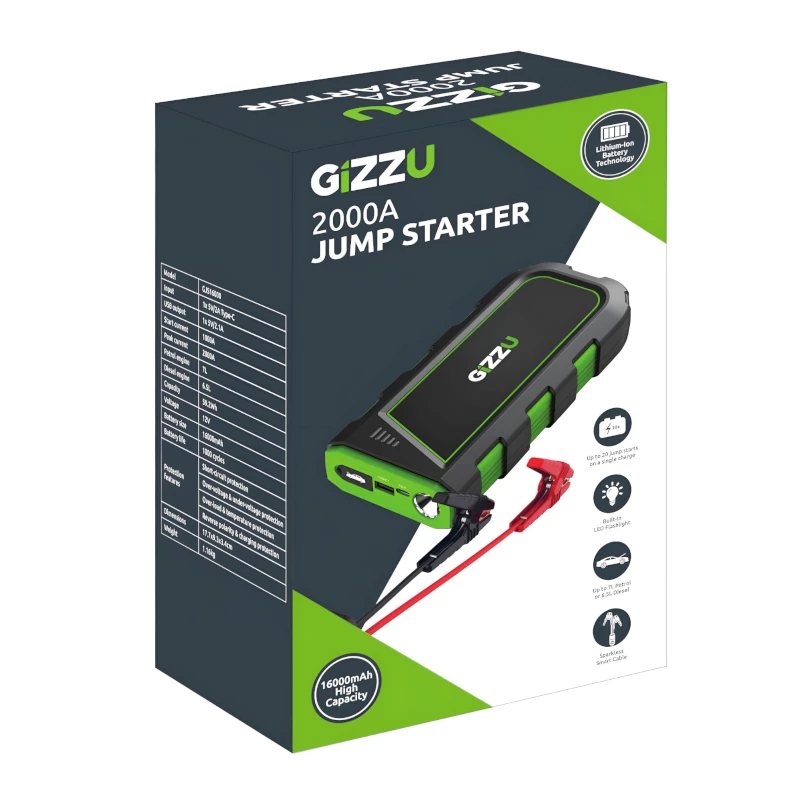 GIZZU 2000A Εκκινητής 16000mAh - Μαύρο