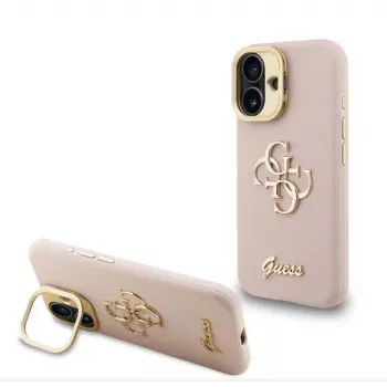 Guess Apple iPhone 16 Pro Max PU Κόκκος 4G Logo Stand Θήκη με πλαίσιο κάμερας ροζ