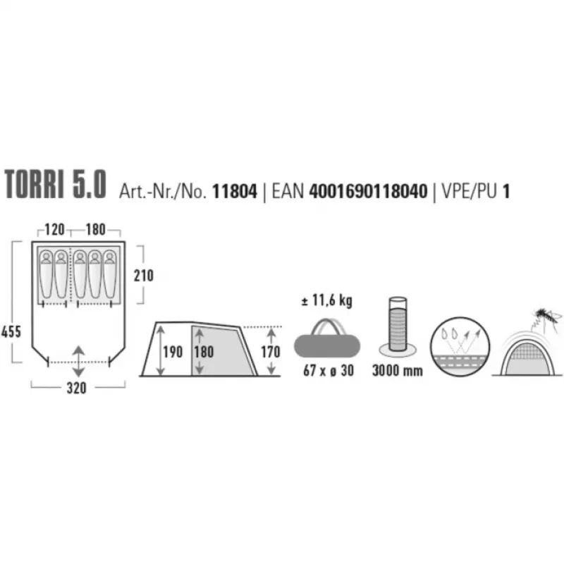 High Peak Torri 5.0 Σκηνή Σήραγγας Σκούρο Γκρι/Πράσινο