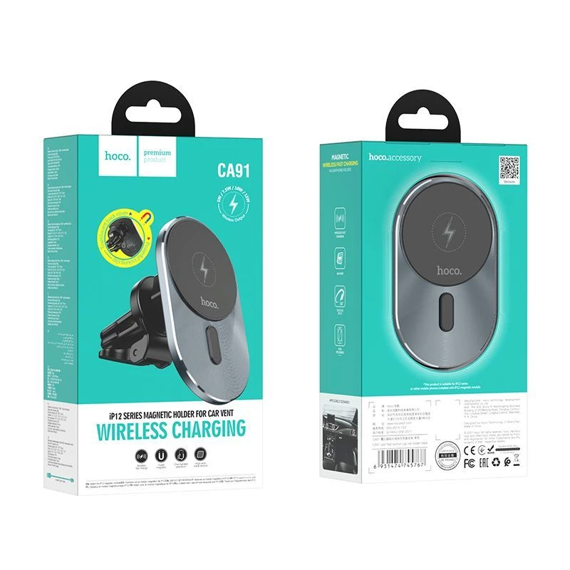 Hoco CA91 Magic Magnetic Wireless Fast Charging βάση αυτοκινήτου, 15W, γκρι