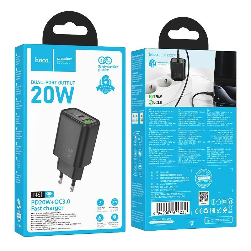Hoco N61 Gentle PD20W+QC3.0 Φορτιστής (EU) Μαύρος